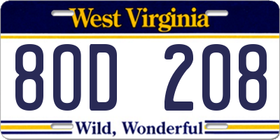 WV license plate 8OD208