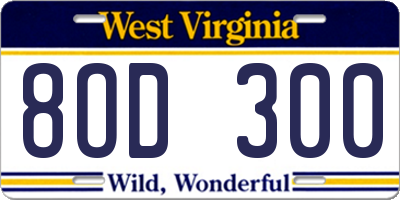 WV license plate 8OD300