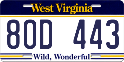 WV license plate 8OD443