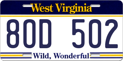 WV license plate 8OD502