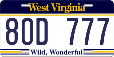 WV license plate 8OD777
