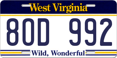 WV license plate 8OD992