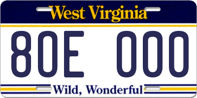 WV license plate 8OE000
