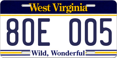 WV license plate 8OE005