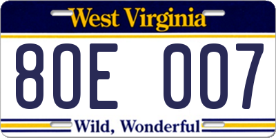 WV license plate 8OE007