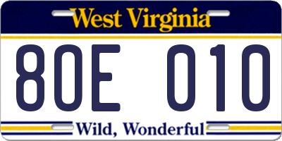 WV license plate 8OE010