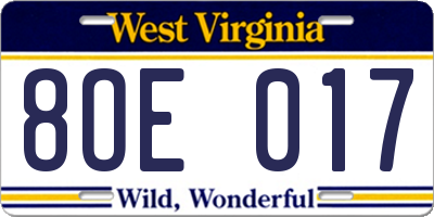 WV license plate 8OE017
