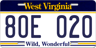 WV license plate 8OE020