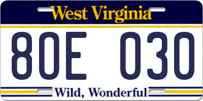 WV license plate 8OE030