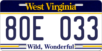 WV license plate 8OE033