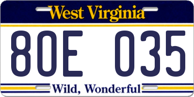 WV license plate 8OE035