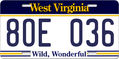 WV license plate 8OE036