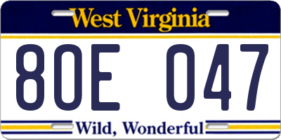 WV license plate 8OE047