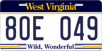 WV license plate 8OE049