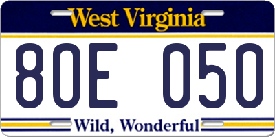 WV license plate 8OE050