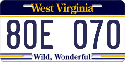 WV license plate 8OE070