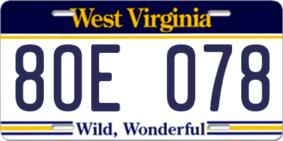WV license plate 8OE078
