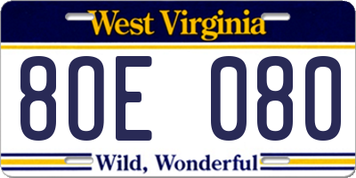 WV license plate 8OE080