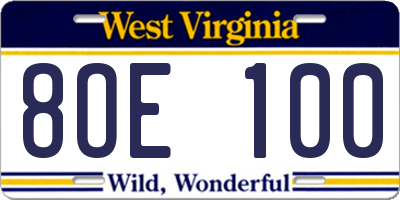 WV license plate 8OE100