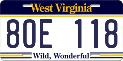WV license plate 8OE118