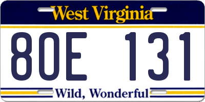WV license plate 8OE131