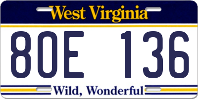 WV license plate 8OE136