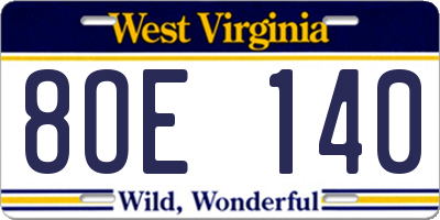 WV license plate 8OE140