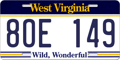 WV license plate 8OE149
