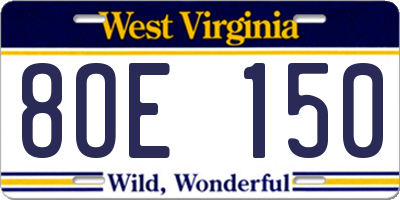 WV license plate 8OE150
