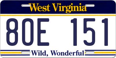 WV license plate 8OE151