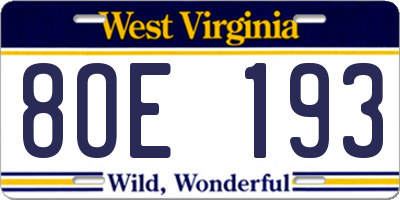 WV license plate 8OE193