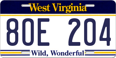 WV license plate 8OE204
