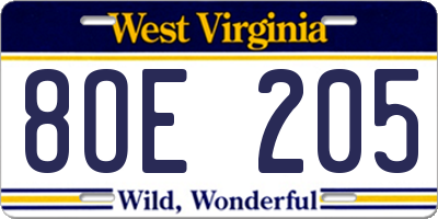 WV license plate 8OE205