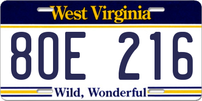 WV license plate 8OE216