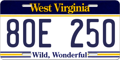 WV license plate 8OE250