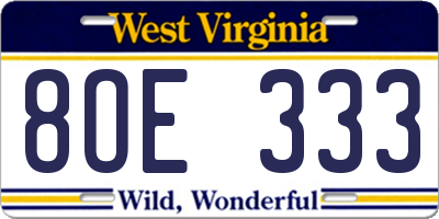 WV license plate 8OE333
