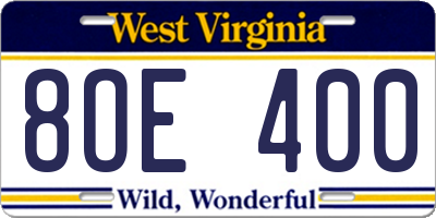 WV license plate 8OE400