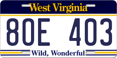 WV license plate 8OE403