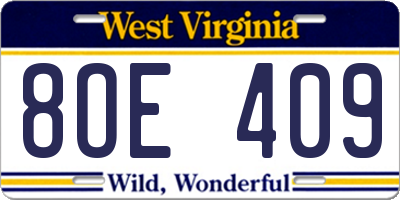 WV license plate 8OE409