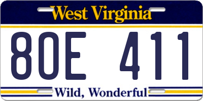 WV license plate 8OE411