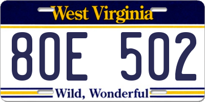 WV license plate 8OE502