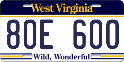 WV license plate 8OE600