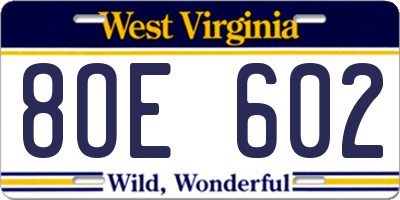 WV license plate 8OE602