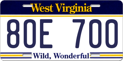 WV license plate 8OE700