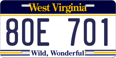 WV license plate 8OE701