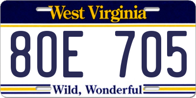 WV license plate 8OE705