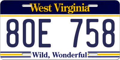 WV license plate 8OE758