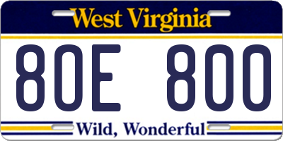 WV license plate 8OE800