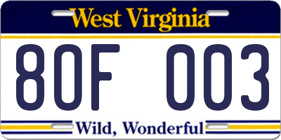 WV license plate 8OF003