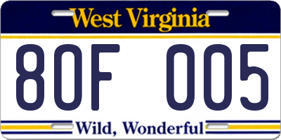 WV license plate 8OF005